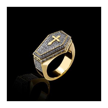 Iced Cross Coffin Ring in Gold