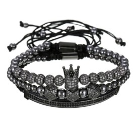 3Pcs Iced Crown Copper Beads Steel Bracelet Set in Black Gold