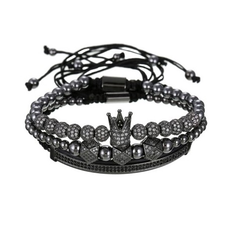 3Pcs Iced Crown Copper Beads Steel Bracelet Set in Black Gold