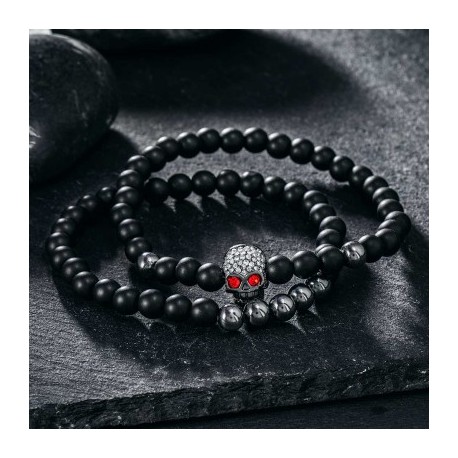 2Pcs Black Frosted & Copper Beads Skull Bracelet