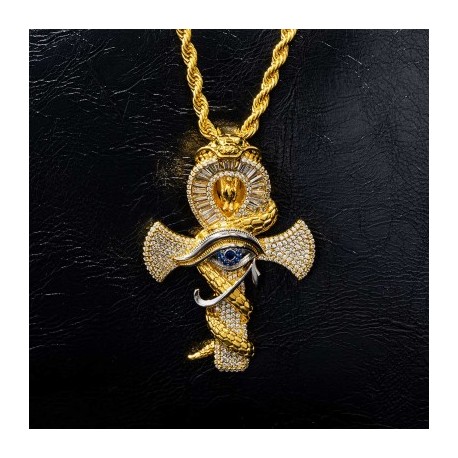 Iced Twisted Snake with Eye of Horus Ankh Pendant in Gold