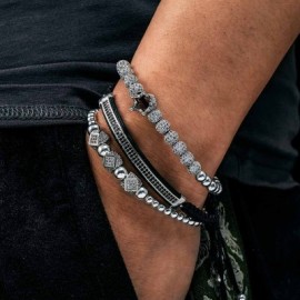 3Pcs Iced Crown Copper Beads Steel Bracelet Set in White Gold