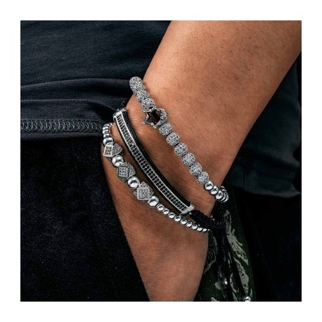 3Pcs Iced Crown Copper Beads Steel Bracelet Set in White Gold