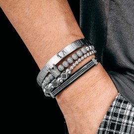 4Pcs Iced Crown Copper Beads and Roman Number Steel Bracelet Set in White Gold