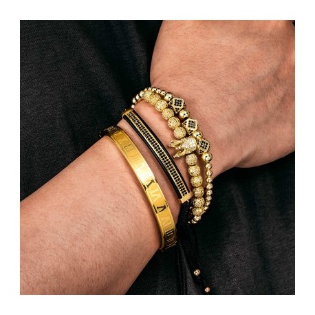 4Pcs Iced Crown Copper Beads and Roman Number Steel Bracelet Set in Gold