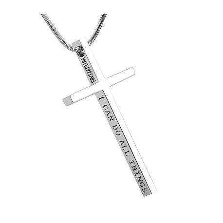 4:13 "I CAN DO ALL THINGS" Steel Cross Pendant in White Gold