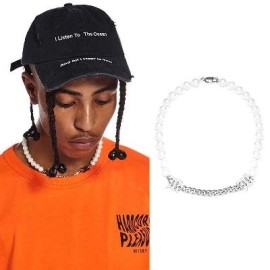 Pearl and Steel Cuban Chain "M" Necklace