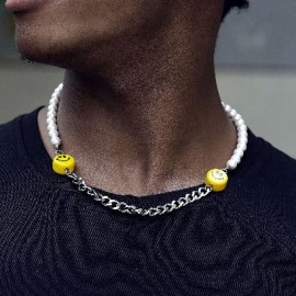 Smile Face Pearl and Steel Cuban Chain Necklace