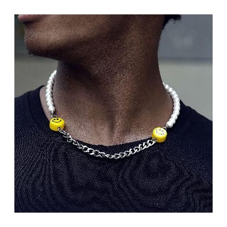 Smile Face Pearl and Steel Cuban Chain Necklace