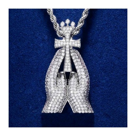 Iced Praying Hands with Cross Pendant
