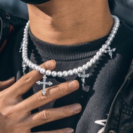 Cross and Praying Angel Charm Pearl Necklace