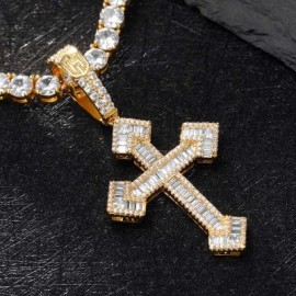 Baguette Stones Christian Cross Pendant in Gold