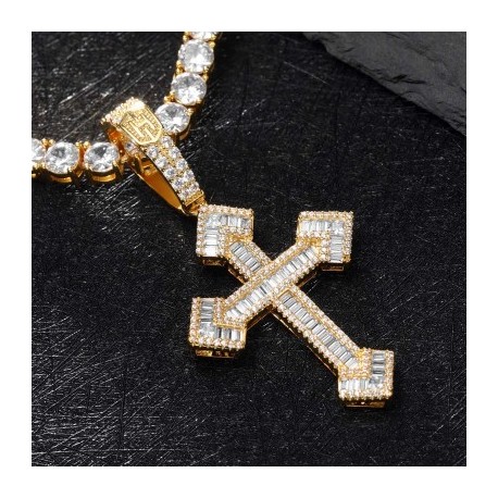 Baguette Stones Christian Cross Pendant in Gold