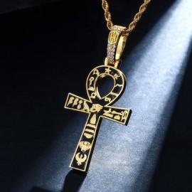 Egyptian Ankh Cross with Hieroglyphs Pendant in Gold