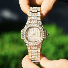 40mm Baguette Cut Stone Iced Dial Watch in Gold