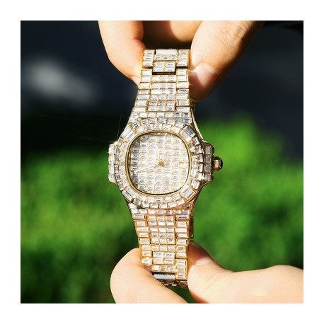 40mm Baguette Cut Stone Iced Dial Watch in Gold