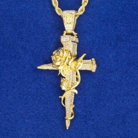 Iced Rose Cross Pendant in Gold