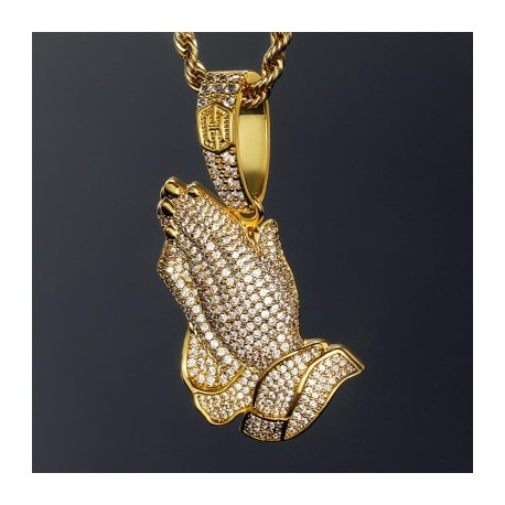 Iced Praying Hands Pendant in Gold