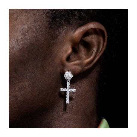 Flower Cluster Cross Earrings in White Gold
