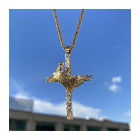 Diamond Cross King Crown Pendant in Gold