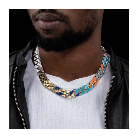 13mm Multi-color Logo Half-Iced Cuban Link Chain