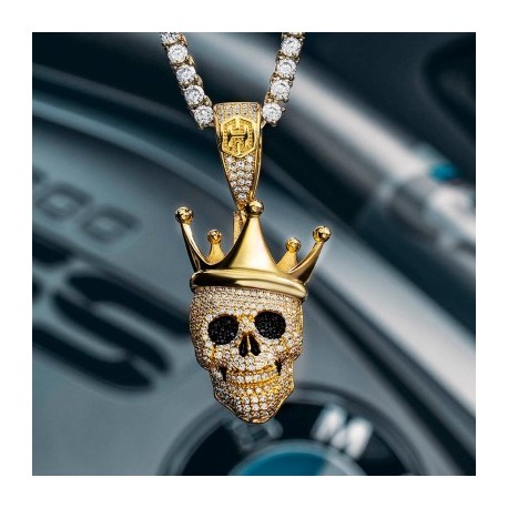 Iced Skull with King Crown Pendant in Gold