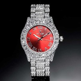 Iced Roman Numerals Red Dial Men's Watch in White Gold
