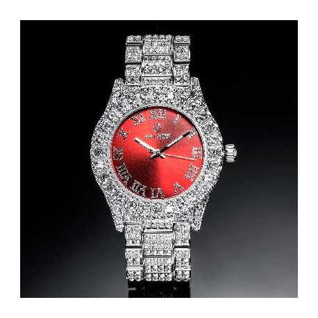 Iced Roman Numerals Red Dial Men's Watch in White Gold