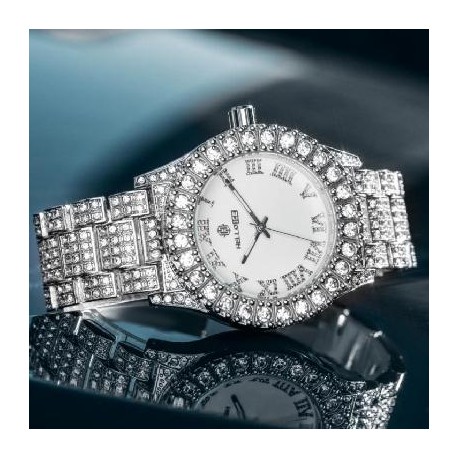 Iced Roman Numerals White Dial Men's Watch in White Gold