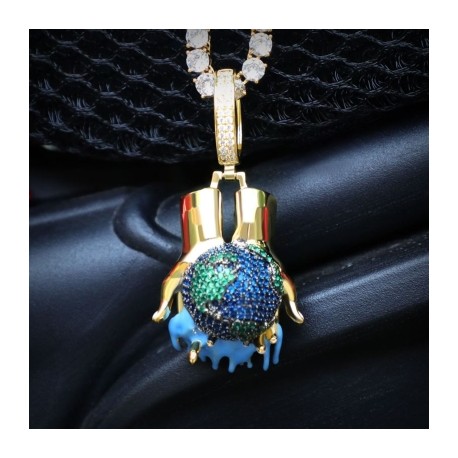 Bust Down 3D Dripping Earth in The Hands Pendant