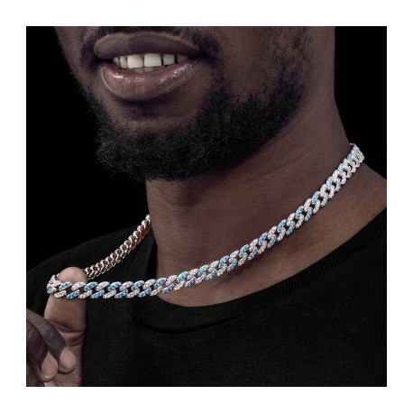 8mm Blue&White Iced Cuban Link Chain in White Gold