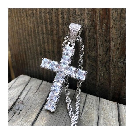 Iced Princess Cut Cross Pendant in White Gold