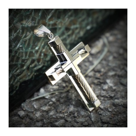 18K White Gold Stainless Steel Cross Pendant