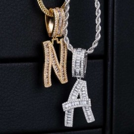 Iced Baguette Letters Pendant in White Gold