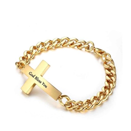 Men's Personalized Engraved Cross Cuban Bracelet in Gold