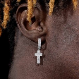 Iced Double Rows Cross Earring in White Gold