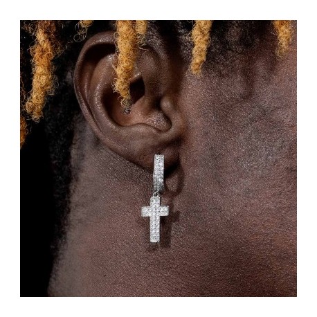 Iced Double Rows Cross Earring in White Gold