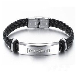 Men's Engraved Braid Leather Bracelet with Stainless Steel