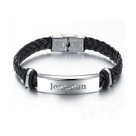 Men's Engraved Braid Leather Bracelet with Stainless Steel