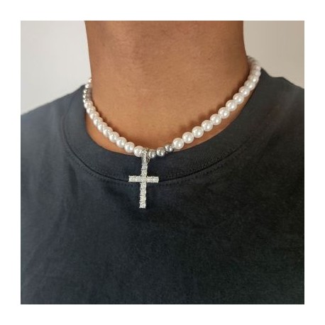 8mm Pearls Cross Pendant Necklace
