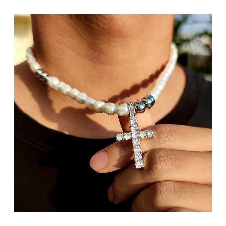 Freshwater Pearl Cross Pendant Necklace