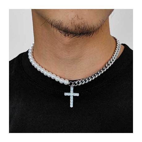 Half Cuban Half Pearls Chain with Cross Pendant Necklace