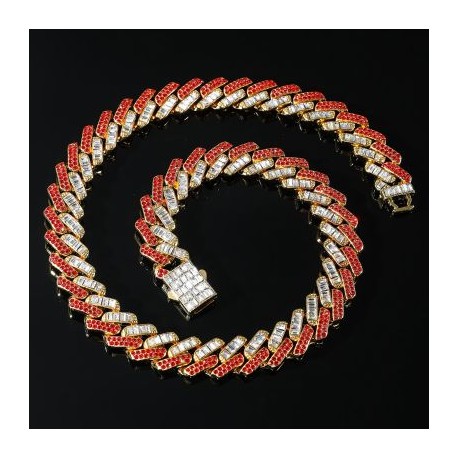 15mm Baguette Cut Red Diamonds Cuban Necklace