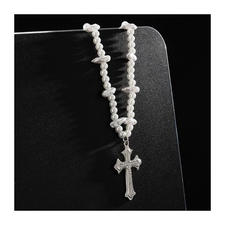 Steel Beads & Cross Pearl Necklace
